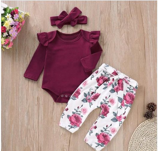 3-teiliges Set, Rüschen-Body mit langem Arm, Blümchen-Hose und Stirnband