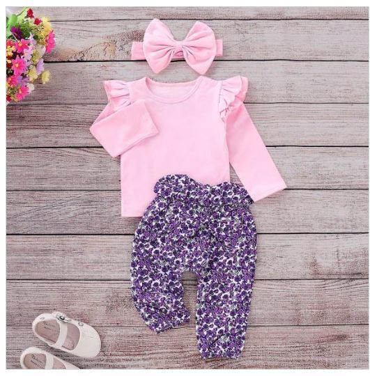 3-piece set, ruffled shirt, pants, headband with floral pattern